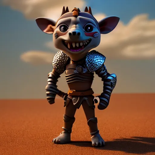 Image similar to antropomorphic medieval knight hyena warrior as nendoroid walking in a desert in the croods movie style, anime, disney, pixar, 8 k, hd, dof, kodak film, volumetric lighting, subsurface scattering, photorealistic, octane render, details