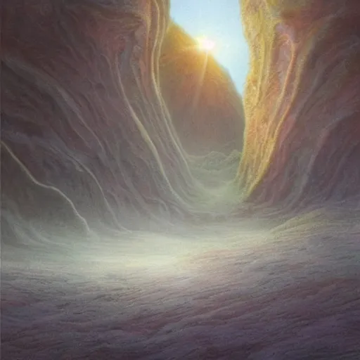 Image similar to artistic digital artwork of an epic natural scene on an alien planet. beautiful landscape by vincent bons, michael whelan, remedios varo and gerardo dottori. grainy and rough. interesting pastel colour palette. beautiful light. oil and water colour based on high quality render.