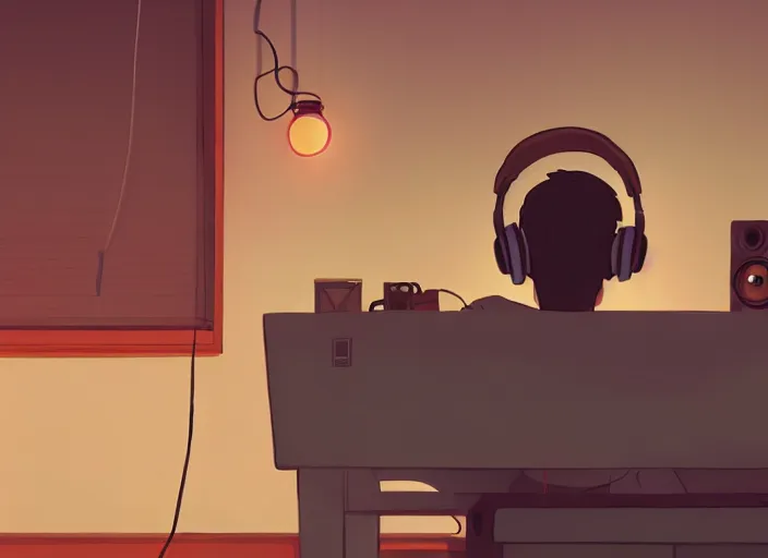 Image similar to man with headphones at his home studio producing music late at night, very detailed, 4 k, cory loftis, james gilleard, atey ghailan, makoto shinkai, goro fujita, studio ghibli, rim light, exquisite lighting, clear focus, very coherent, masterpiece