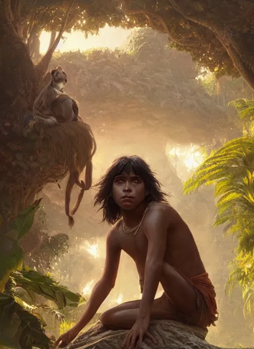 Image similar to highly detailed portrait of mowgli, unreal engine, cinematic light, warm, fantasy art by greg rutkowski