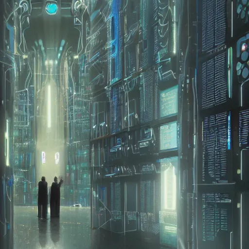 Image similar to professional painting of tiny people praying to monumental conscious supercomputer with huge - cybernetic - face!!!! in the center of endless colossal server room, trending on artstation, cyberpunk, sci - fi, futuristic, by greg rutkowski and maciej kuciara, high quality