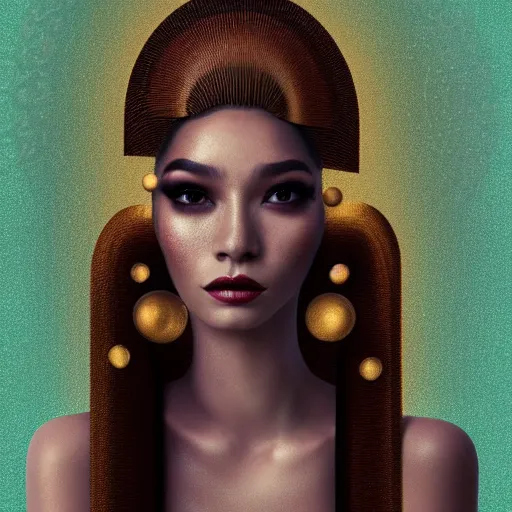 Image similar to vintage portrait of modern mermaid queen, zoom, rule of thirds, atmosphere, intricate, regal, latinas, ( brown skin ), symmetrical!!, loreal, maybelline, sephora, loreal, artstation, art by lee man fong, moody, ( ( cinematic ) ) concept art, filmic, vsco