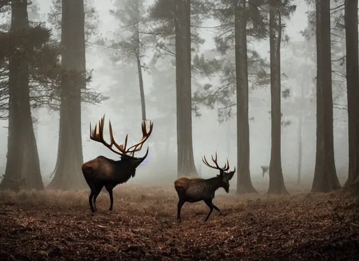 Prompt: a running elk with massive antlers in a foggy rainy forest with wolves chasing, epic scene, extremely detailed masterpiece, extremely moody lighting, glowing light and shadow, atmospheric, shadowy, cinematic, etsy shop photo