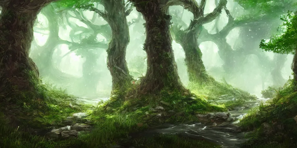 Image similar to digital painting of a fantasy forest, artstation, wallpaper, hd, bushes, river, fantastic creatures, depth of field