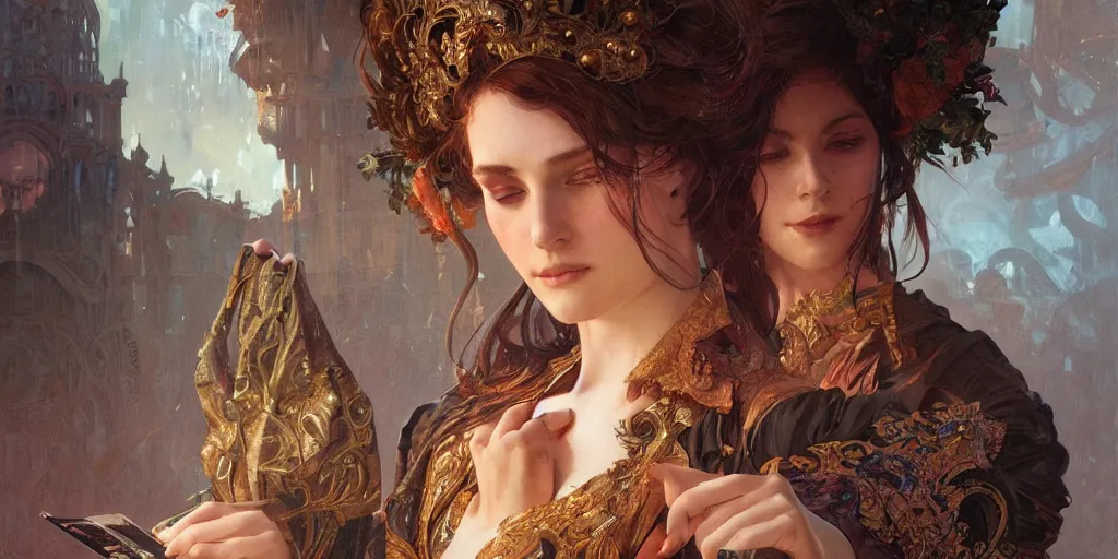 Image similar to epic portrait an festival happening in nightime of venice, intricate, full frontal shot, highly detailed, digital painting, artstation, concept art, sharp focus, illustration, art by artgerm and greg rutkowski and alphonse mucha