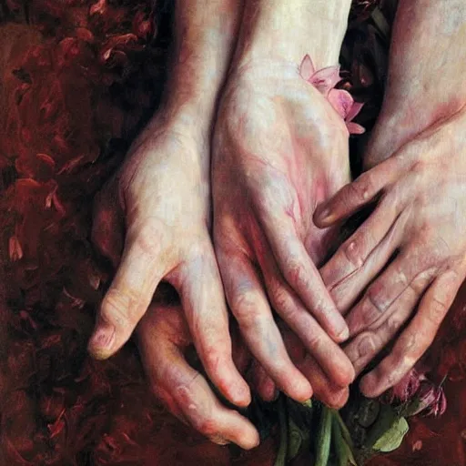 Prompt: a thousand of hands touching flowers, by Jenny saville. Dark and atmospheric