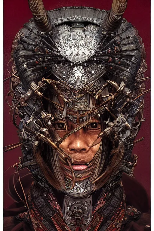 Image similar to digital face portrait painting of a male samurai warrior magus by yoshitaka amano, victo ngai, terese nielsen, samurai armour by h. r. giger, in the style of dark - fantasy, intricate detail, skull motifs, red, bronze, artgerm