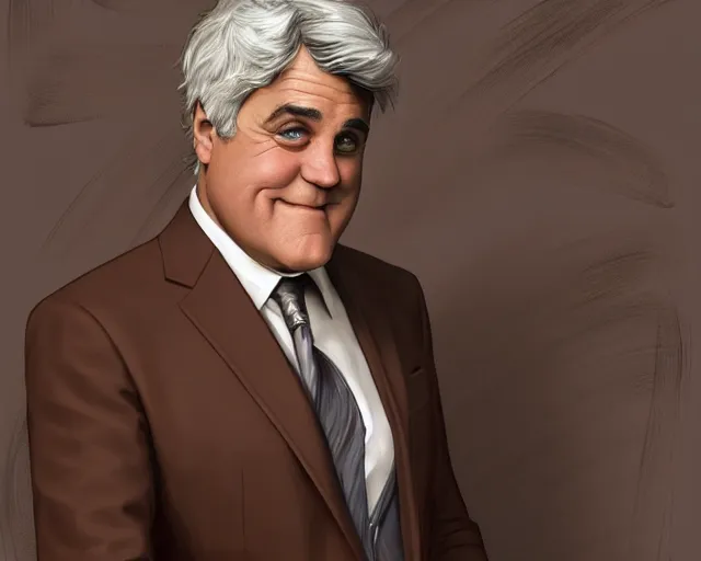 Image similar to close up of jay leno wearing a brown suit and necktie, focus, d & d, intricate, elegant, highly detailed, digital painting, artstation, concept art, matte, sharp focus, illustration, hearthstone, art by artgerm and greg rutkowski and alphonse mucha