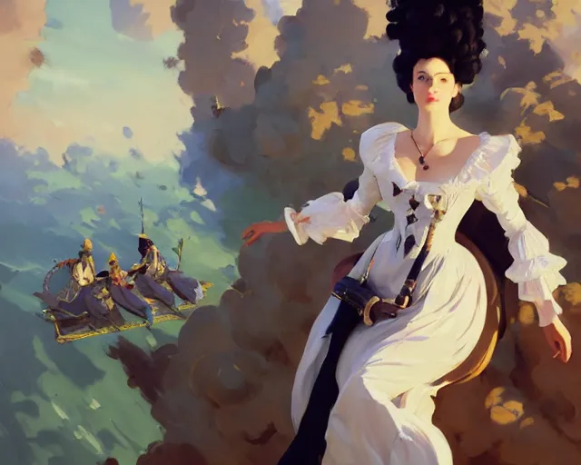 Prompt: marie antoinette wearing a french dress, flying with a jetpack, jodhpurs greg manchess painting by sargent and leyendecker, studio ghibli fantasy close - up shot asymmetrical intricate elegant matte painting illustration hearthstone, by greg rutkowski by greg tocchini by james gilleard