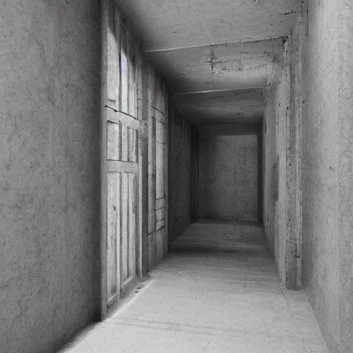Image similar to gritty, cinematic, liminal space, 3d render, photorealism