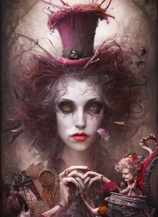 Image similar to Mad Hatter and Queen of Hearts,highly detailed,cinematic,8k,by Stanley Artgermm,Tom Bagshaw,Greg Rutkowski,Carne Griffiths, Ayami Kojima, Beksinski, Giger,Anne Stokes, Benjamin Lacombe,trending on DeviantArt,hyper detailed,horror, full of colour