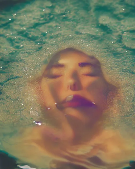 Prompt: oversaturated, burned, light leak, expired film, photo of a woman's serene face submerged in a flowery milkbath