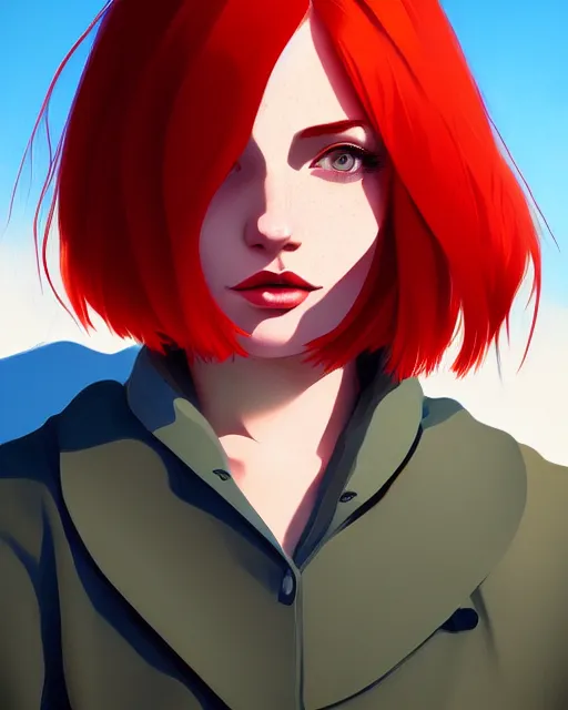 Image similar to a detailed portrait of an attractive woman with red hair and freckles by ilya kuvshinov, digital art, dramatic lighting, dramatic angle
