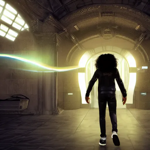 Prompt: a black with long curly hair, with a electric guitar in his back, with his back turned, walking into the Gate From Utopia World, realistic, unreal engine 5, in-game footage, 8k, ray tracing, trending on artstation