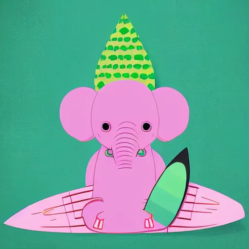 Prompt: surfing pink elephant with a green mohawk, digital art