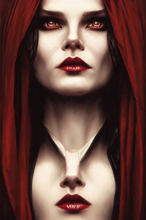 Image similar to portrait of a queen vampire, dark, piercing eyes, gentle expression, elegant clothing, photorealistic, highly detailed, artstation, smooth, sharp focus, art by michael whelan, artgerm, greg rutkowski and alphonse mucha