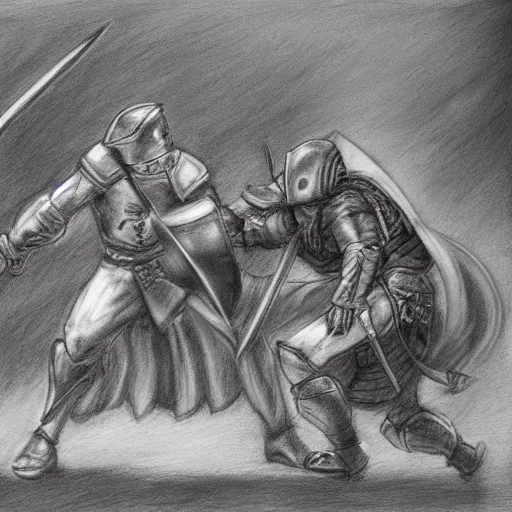 Image similar to hero fighting against two swordsmen in the middle of an arena, pencil art, added detail, high definiton