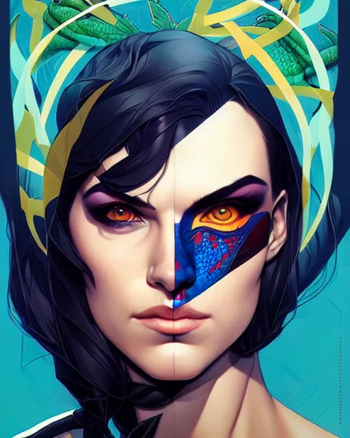 Image similar to artgerm, joshua middleton and sandra chevrier comic cover art, headshot male lizard person, symmetrical eyes, scales, beautiful, rim lighting, vivid colors