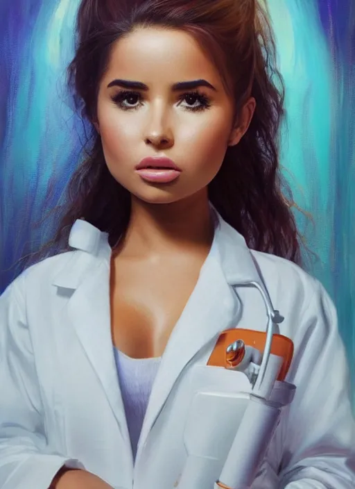 Image similar to demi rose wearing a labcoat in a biology lab, microscope on the table, expressive oil painting, matte art, trending on artstation, sunlit, octane render, brushstrokes, beautiful face portrait, beautiful lighting