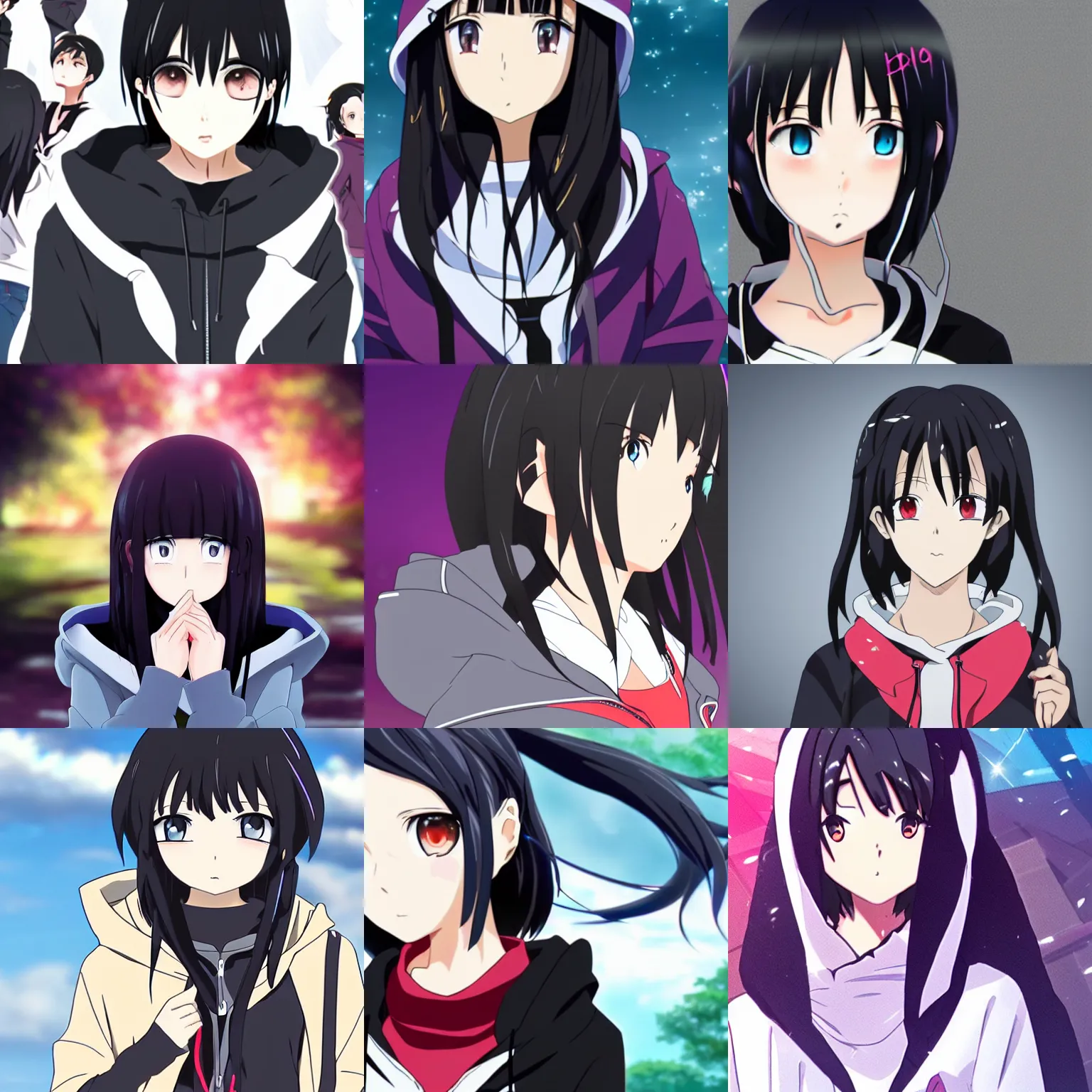 Prompt: black haired girl wearing hoodie, key visual shaft anime style