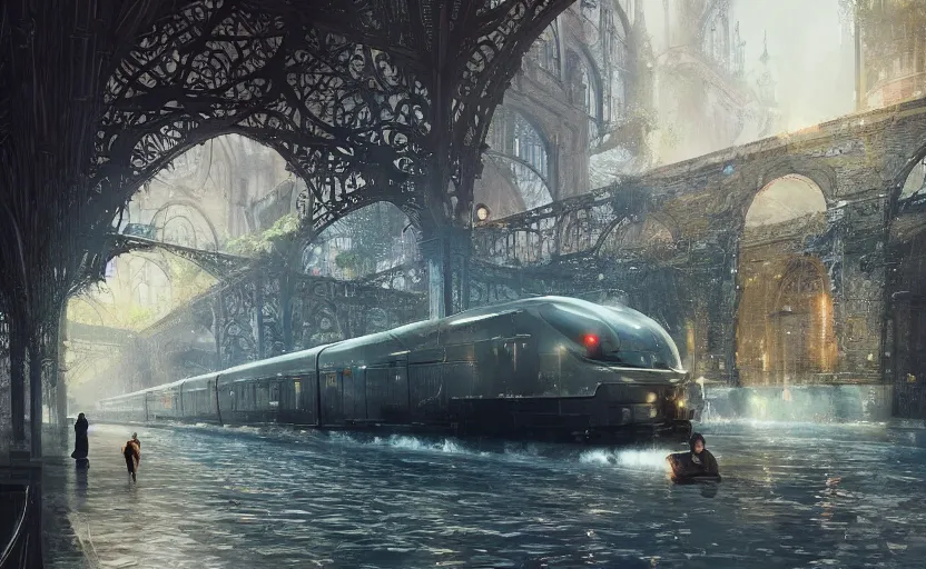 Image similar to An urban train rides inside of a waterway on a fantasy city, next to a fountain and a mystical palace, intricate, elegant, volumetric lighting, digital painting, highly detailed, artstation, sharp focus, illustration, concept art, ruan jia, steve mccurry