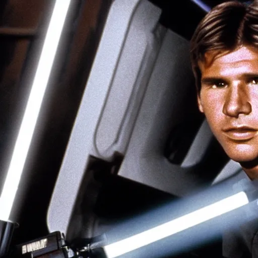 Image similar to film still of teenage harrison ford in new star wars movie, dramatic lighting, highly detailed face, kodak film, wide angle shot,