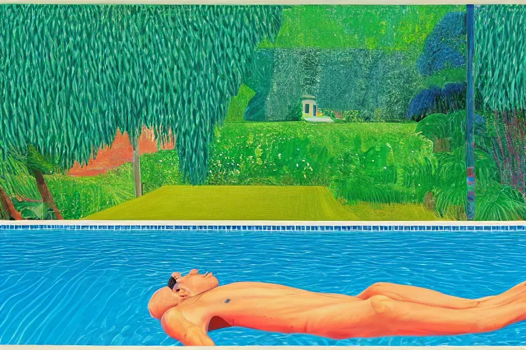 Image similar to justin trudeau sunbathing in a swimming pool in a house in california, summer blue sky, shimmering water, lush trees and bushes garden lawn, by david hockney, peter doig, lucien freud, francis bacon, pop realism, oil on canvas