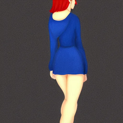 Prompt: a woman wearing black and blue clothes, full body shot, red hair, highly detailed, digital painting, artstation, concept art, smooth, sharp focus, illustration