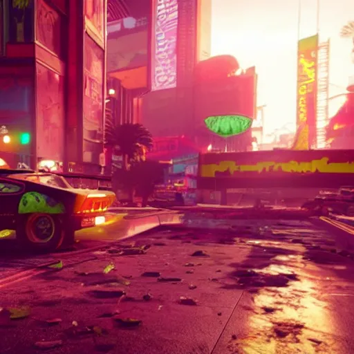 Prompt: a dinosaur watermelon egg is hatching in the middle of Night City in Cyberpunk 2077.