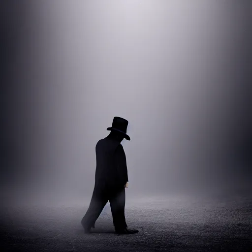 Image similar to mysterious man in black suit and black hat, he has a pistol, smoke, fog, mysterious, 4 k, highly detailed, digital art, strong shadows, high contrast, epic scene, atmospheric, blue colours, old photograph