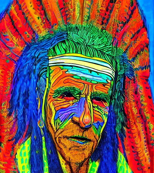 Image similar to Portrait painting in psychodelic style of an old shaman dressed in a colorful traditional clothes.