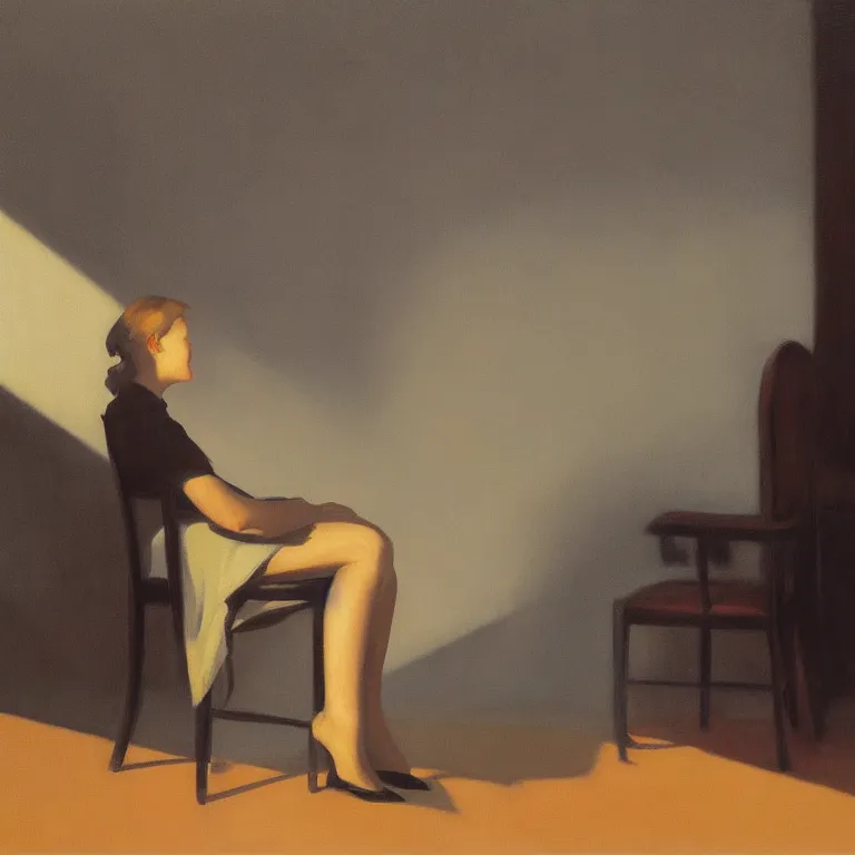 Image similar to woman sitting behind a chair, fog, early morning, , painted by Edward Hopper, painted by Wayne Barlow, airbrush