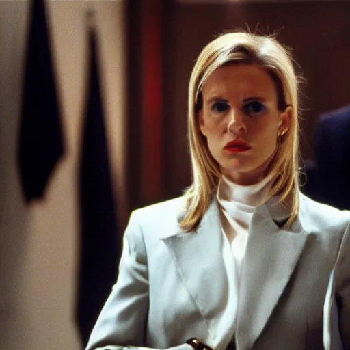 Image similar to female Emmanuel Macron in American Psycho (1999)