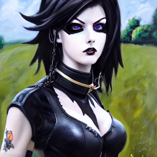 Image similar to oil painting of goth tracer overwatch in a field wearing very large black leather belt choker collar around neck, in style of mark arian, expressive face, very detailed face, very detailed eyes, full body, feminine face, detailed makeup on eyes, tracer overwatch,