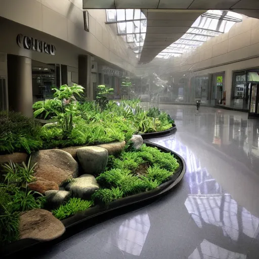 Image similar to Beautiful cameraphone 2000s, soft liminal Photograph of foggy mall with water on the floor plants growing