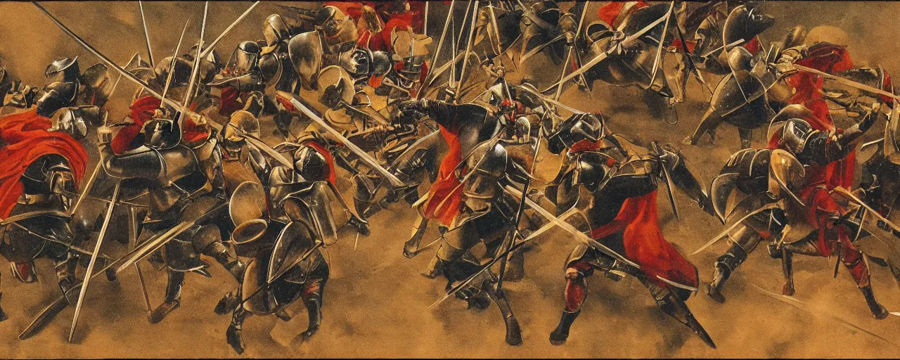 Image similar to film-still shot of a medieval battle, where in front two knights are fighting each other, all knights are fighting with spaghettis instead of swords, atmospheric, highly detailed, moody, sunrise, washed out colours.