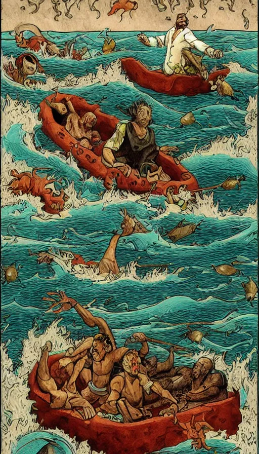 Image similar to man on boat crossing a body of water in hell with creatures in the water, sea of souls, by david eichenberg