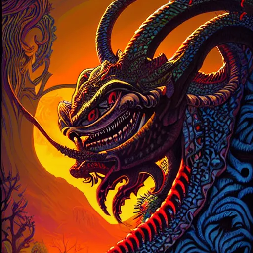 Image similar to side profile of barong family member, wiwek, mara demon, one single tribe member, jungle, one single mask, dark, ancient warrior, snake, bull, lizard, alien, dragon, tribal, inner glow, art by dan mumford and justin gerard