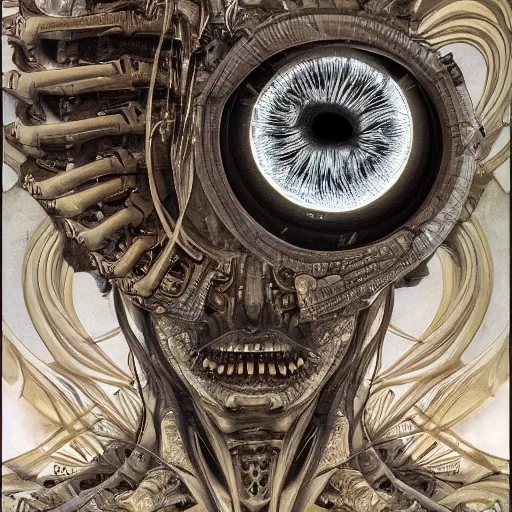 Prompt: biomechanical eye, symmetrical, concept art, intricate detail, volumetric shadows and lighting, realistic oil painting by h. r giger and alphonse mucha, artgerm, 8 k, mandelbrot fractal
