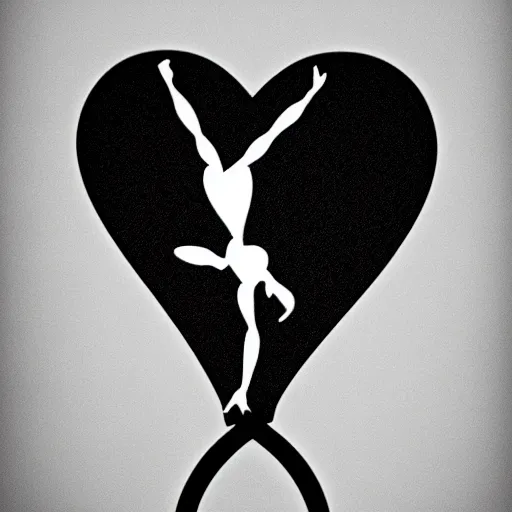 Prompt: clean black and white print, logo of an heart with a stylized gymnast human body form inside