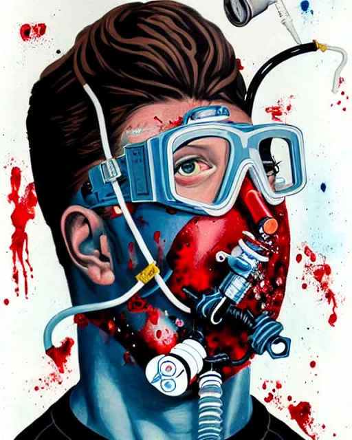 Image similar to diver man wearing oxygen mask, has blood, rose, a pistol and a syringe needle with sea background intricate details with horror side profile by Sandra Chevrier