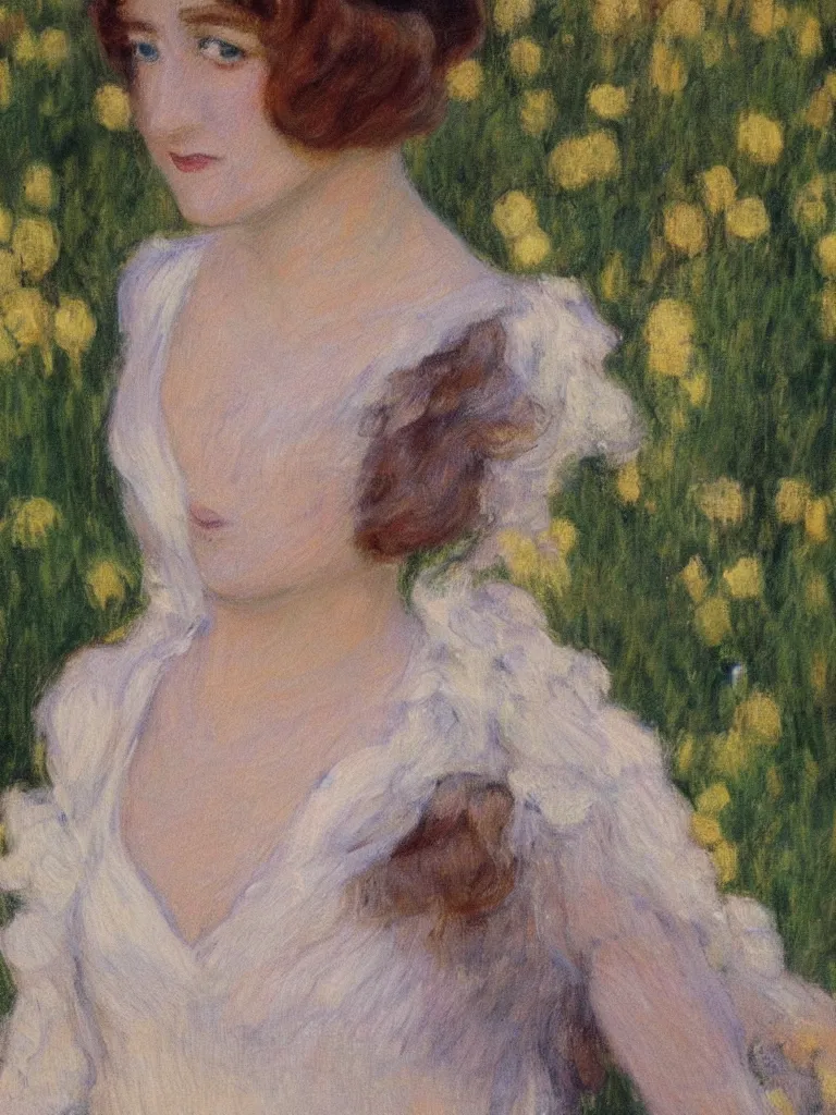 Image similar to portrait of < zelda fitzgerald > as a beautiful young lady wearing 1 9 2 0 s fashion, blurry face, brown hair, slim, fair, severe out of focus, depth of field, pleinairism, in the sun, backlit, closeup, oil on canvas, atr by monet, in the style of le promenade, smooth, impressionnisme, 8 k