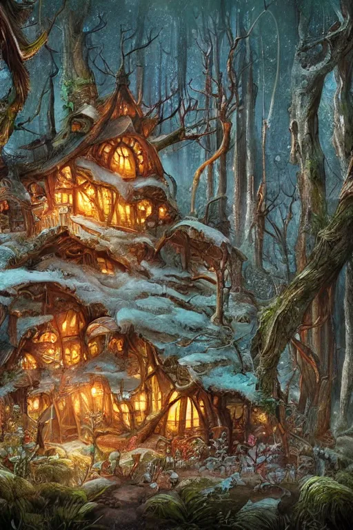 Prompt: a storybook illustration of a ramshackle multistory fairytale hut in the forest, intricate, elegant, fantasy, highly detailed, digital painting, concept art, sharp focus, artstation