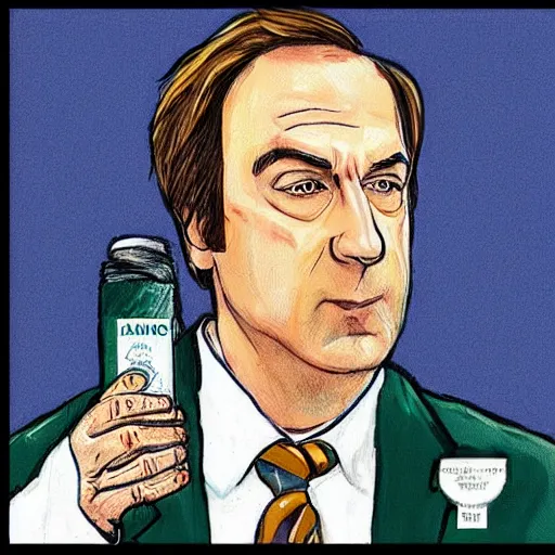 Image similar to courtroom sketch of saul goodman representing a bottle of ranch dressing