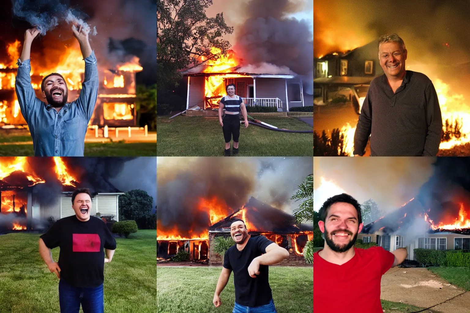 Prompt: Photo, A man is so happy because his house has burning, Huge fire, night