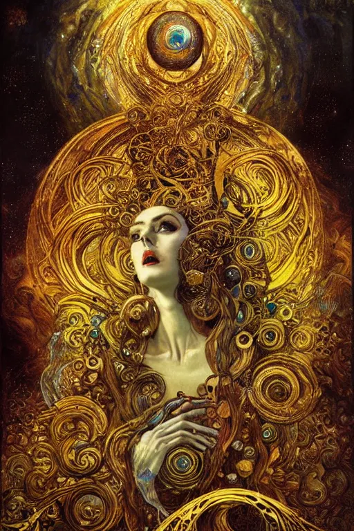 Image similar to Divine Chaos Engine by Karol Bak, Jean Deville, Gustav Klimt, and Vincent Van Gogh, beautiful visionary mystical portrait, sacred, otherworldly, fractal structures, Surreality, SpiralDee, ornate gilded medieval icon, third eye, spirals