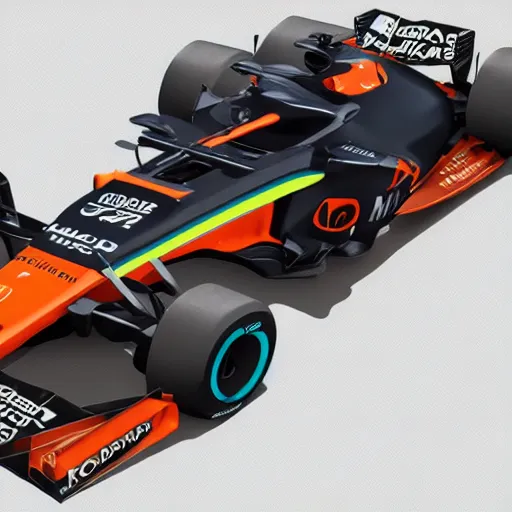 Image similar to hybrid design between McLaren MCL34 F1 car and Ford Mustang. No background, concept art style.