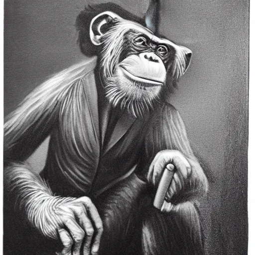 Image similar to a high detail portrait of a chimp wearing a suit 👔,and smoking🚬