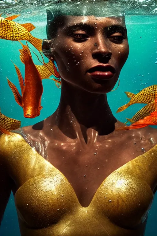 Image similar to hyperrealistic neo - modern cinematic half underwater scene with fish and algae, very expressive! translucent elegant african goddess getting out of water, gold jewerly, highly detailed face, digital art masterpiece, aykut aydogdu zener, dramatic volumetric light, long shot, low angle uhd 8 k, sharp focus