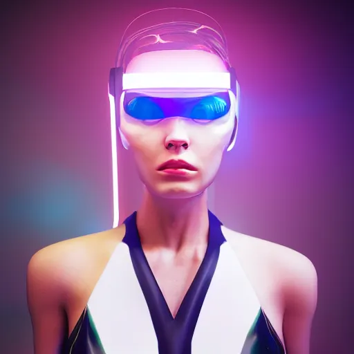 Prompt: a portrait of a female cyborg, fashion, streak lights, ligjt trail, color gel, photogtaphy, canon r 5, wide angle, white background, 3 d render, unreal engine, white suit, neon, neonlights